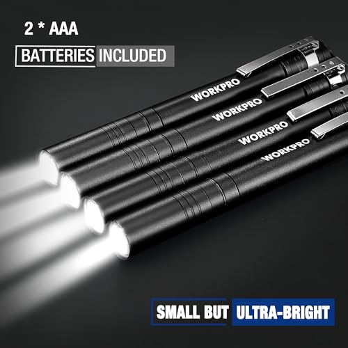 WORKPRO LED Pen Light, Aluminum Pen Flashlight, Pocket Flashlight with Clip - color: Black
