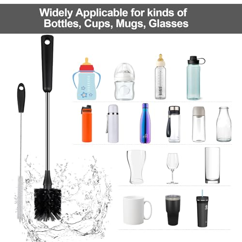 Water Bottle Brush with Straw Cleaner, 15 Inches Stainless Steel Handle Baby Bottle Brush Cleaner, Kitchen Scrub Cleaning Brushes for Cup, Wine Glasses, Coffee Mugs, Tumblers, Wine Decanters, Black - style: Bottle Brush With Straw Brush