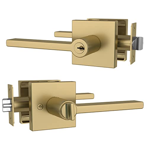 Mega Handles - Prime Entrance Handle, Entry Lever Door Handle, Heavy Duty Square Locking Lever Set for Left or Right-Handed Doors, Interior/Exterior Door Levers - Satin Brass - color: Satin Brass