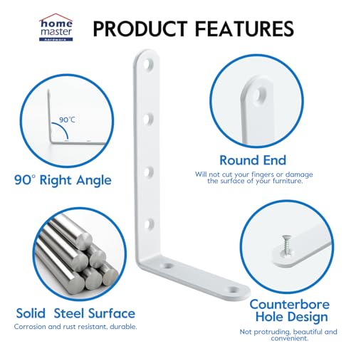 5 x 3 Inch Heavy Duty L Brackets, Steel Corner Braces, White, 4 Pack - color: White