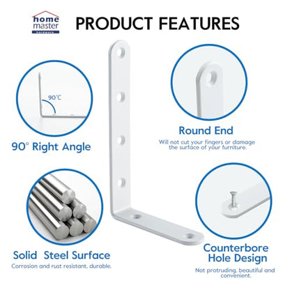 5 x 3 Inch Heavy Duty L Brackets, Steel Corner Braces, White, 4 Pack - color: White