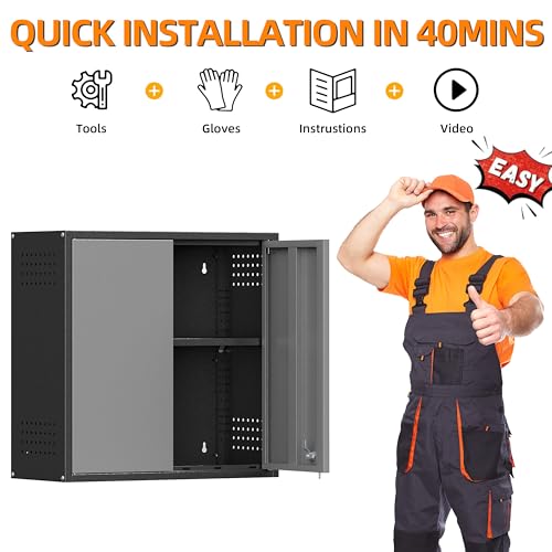 Garage Wall Cabinet with 2 Doors, Metal Wall Cabinet with Lock - color: Black Gray, size: 26''h wall cabinet