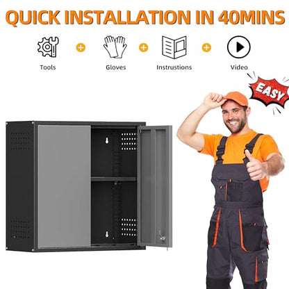 Garage Wall Cabinet with 2 Doors, Metal Wall Cabinet with Lock - color: Black Gray, size: 26''h wall cabinet