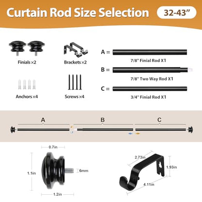 TONIAL Curtain Rods for Windows, 32 to 43 Inch, Black, Single Drapery Rod - color: Black, size: 32-43"