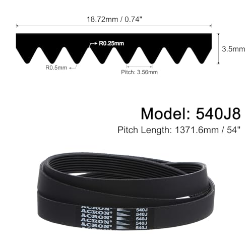 uxcell 540J8 PJ V-Ribbed Belt 8 Ribs 54" Length x 0.74" Width x 0.14" Thick, EPDM Poly V Belt, Industrial Transmission Serpentine Belt - size: 540J8