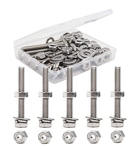 50pcs(10 Sets) 1/4-20 x 1-1/2" Hexagon Bolts, Nylon Inserted Lock Nuts,Hex Nuts, Spring Washers, Flat Washers,A2-70/18-8/304 Stainless Steel, Plain Finish, Full Thread - size: 1/4-20 x 1-1/2