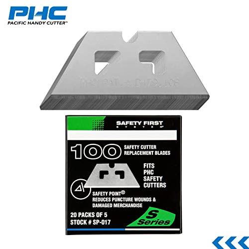 Pacific Handy Cutter SP017 Safety Point Blade for PHC Safety Cutters, Pack of 100, Sharp Edge, Razor Blades for Injury Reduction, Cuts Boxes, Cardboard, Tape, Plastic Straps, and More