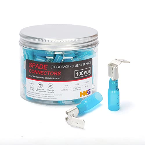HKS 100PCS Piggyback Spade Connector Blue 16-14 AWG - Heat Shrink Electrical Quick Disconnect Wire Connectors Kit - Tinned Red Copper - Automotive Marine Crimp Connectors - Waterproof and Insulated - color: Blue 16-14AWG, size: Piggyback