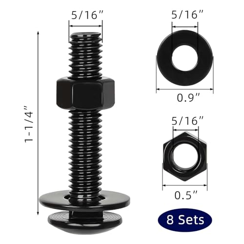 5/16-18 x 1-1/4" Carriage Bolt Kit, Stainless Steel 304 Carriage Bolts Screws with Hex Nuts & Flat Washers, Round Head Square Neck, Full Thread, Black Finish, 8 Sets - size: 5/16-18 x 1-1/4"