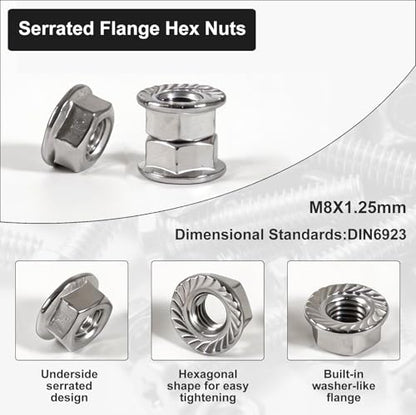 M8 Serrated Flange Nuts – M8-1.25 Stainless Steel Flange Nuts, 304 Stainless Steel Right-Hand M8 Nuts for DIY, Home Repair and Mechanical Fastening (20PCS)