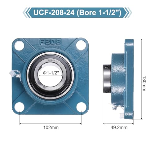 uxcell 2 Pcs UCF-208-24 Pillow Block Bearings 1-1/2 Inch Bore Self Alignment Chrome Steel Bearing Units, 4-Bolt Square Flange Mounted, Solid Base - size: UCF-208-24