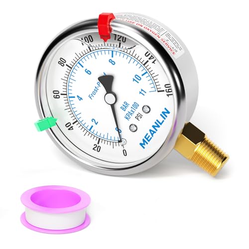 MEANLIN MEASURE 0~160Psi Stainless Steel Liquid Filled Pressure Gauge 1/4" NPT 2.5" FACE DIAL Silicone Oil Filled, WOG Water Oil Air Lower Mount (with 2PCS Snaps) - size: 0-160Psi