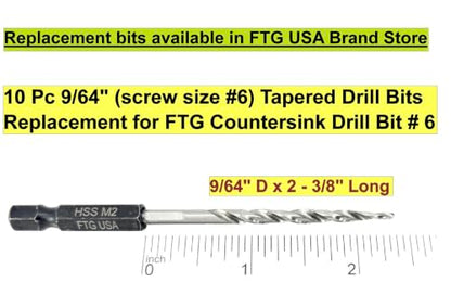 FTG USA 3-Pk #6 (9/64") Countersink Drill Bit Set, 1 Stop, 1 Wrench & Case - size: #6, style: 3 Pc with Depth Stop and Case