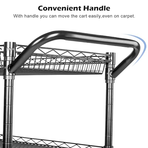 WDT Heavy Duty 3 Tier Utility Cart,Wire Rolling Cart with Wheels, Commercial Grade Service Cart with Shelving Liners and Handle Bar Metal Carts for Kitchen Office Hardware - color: 750lbs Capacity Black