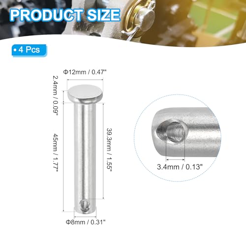 PATIKIL 8 x 45 mm Single Hole Clevis Pins, 4 Pcs 304 Stainless Steel Flat Head Pin for Hitch Pin Lock Link Hinge Systems, Silver - size: 8 x 45 x 39.3 mm
