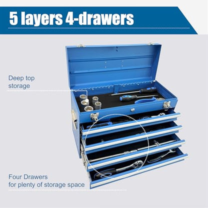 Heavy Duty Metal Tool Box, 21-inch, Portable Metal Tool Box with 4 Drawers, Small Tool Chest with EVA Liners, Ball Bearing Slide Drawers Locking & Powder Coated Finish, Multi-Function Tool Organizer - color: Tool Box-blue