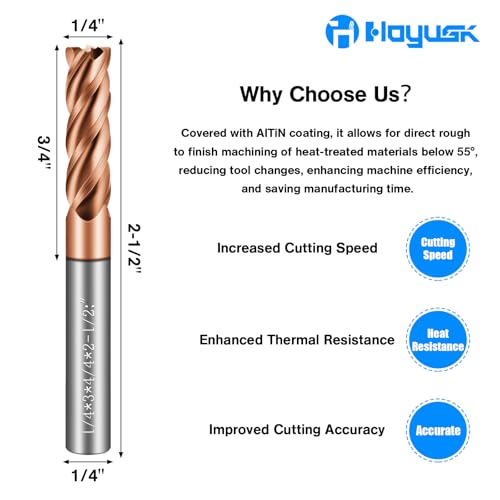 1/4" Carbide End Mills - 4 Flute Square End Mill with AlTiN Coating, HRC 55 Deg, 4T Tungsten Milling Bits for Stainless Steel, Hardened Steel, Cast Iron, Copper, Alloys & More - size: 1/4 in