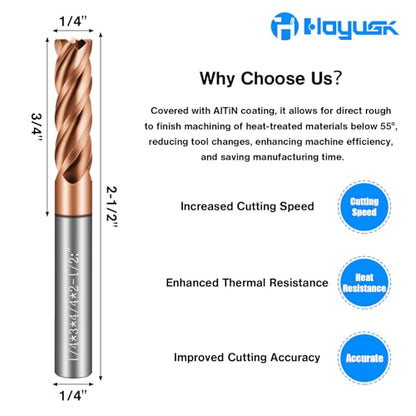 1/4" Carbide End Mills - 4 Flute Square End Mill with AlTiN Coating, HRC 55 Deg, 4T Tungsten Milling Bits for Stainless Steel, Hardened Steel, Cast Iron, Copper, Alloys & More - size: 1/4 in