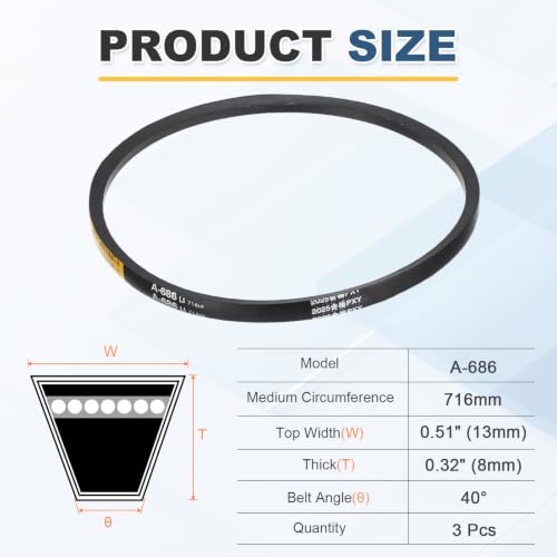 uxcell 3Pcs A686 Rubber V-Belt, 686mm Li x 13mm W x 8mm T, Classic Wrapped - size: A686