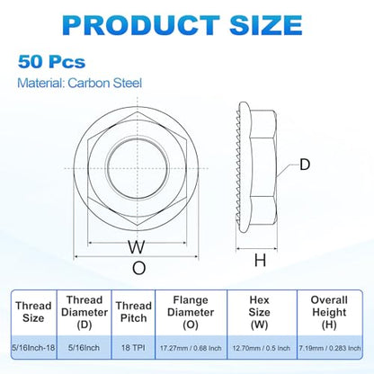 50Pcs Serrated Flange Hex Nuts-5/16-18-UNC Carbon Steel Zinc Plated - color: Blue White, size: 5/16"-18