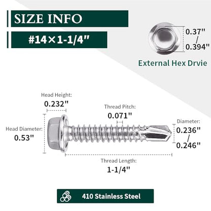 #14 x 1-1/4" (25 pcs) Hex Washer Head Self Drilling Screws, 410 Stainless Steel Metal Sheet Tek Screws, Self Tapping Point, No Pre-drilled Hole Needs - size: #14 x 1-1/4"