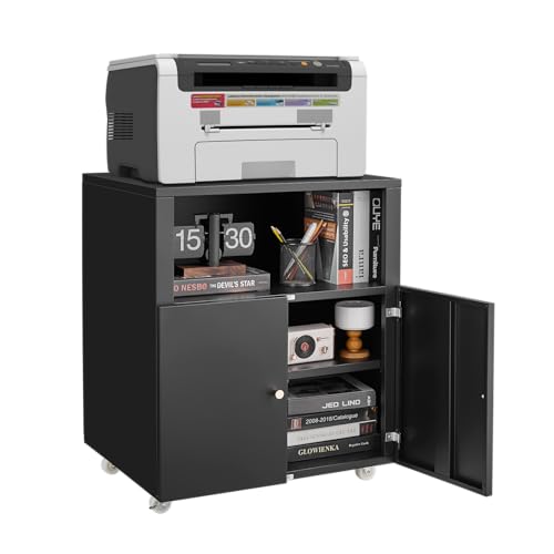 Heavy Duty Large Metal Printer Stand Cabinet with Storage, Black - color: Black
