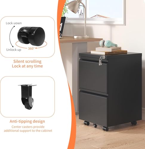 Guizeeopo 2 Drawer Locking File Cabinet, Fully Assembled Heavy-Duty Metal Filing Cabinets for Home Office, Quiet Slides, Anti-Tipping Wheels, Fits A4/Letter/Legal, Matte Black - color: 04-b Black