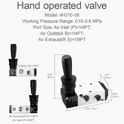 4H210-08 Hand Lever Valve 5 Way 2 Position 1/4"NPT for Air Cylinder - size: 1/4"NPT, style: 5 Way 2 Position