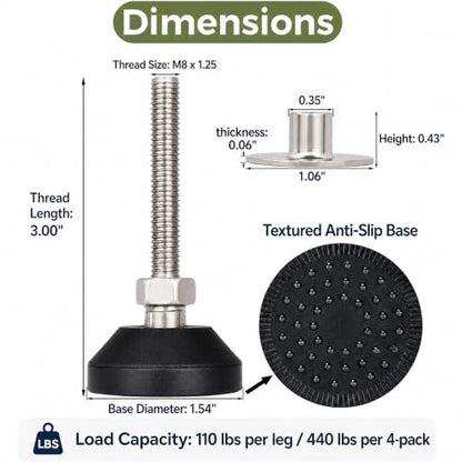M8 x 1.25 Adjustable Leveling Feet, 4 Pack, 20° Swivel Base - size: M8 | 3" Height | 1.54" Base | 110 lbs/Leg