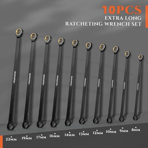 SUZUME 10-Piece Extra Long Ratcheting Wrench Set Metric Double Box End CR-V - size: 8-24mm