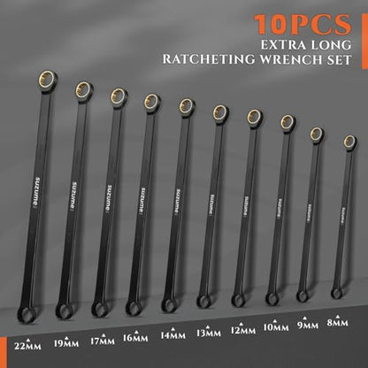 SUZUME 10-Piece Extra Long Ratcheting Wrench Set Metric Double Box End CR-V - size: 8-24mm