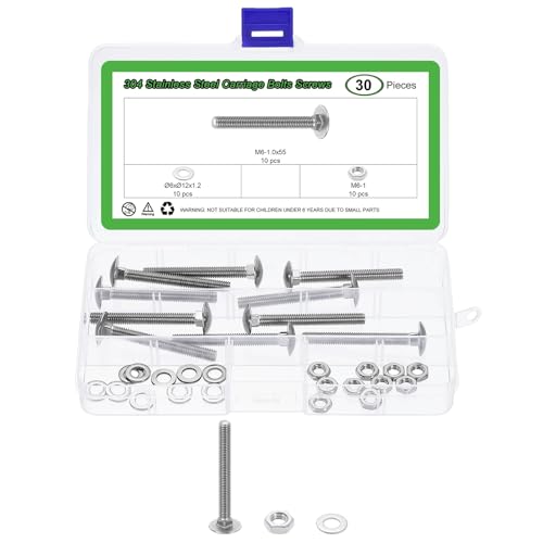 uxcell 10 Set Carriage Bolts and Nuts Kit, M6-1.0x55 Stainless Steel 304 Round Head Square Neck Carriage Bolts Screws and Hex Nuts and Flat Washers - Silver - size: M6-1.0x55mm