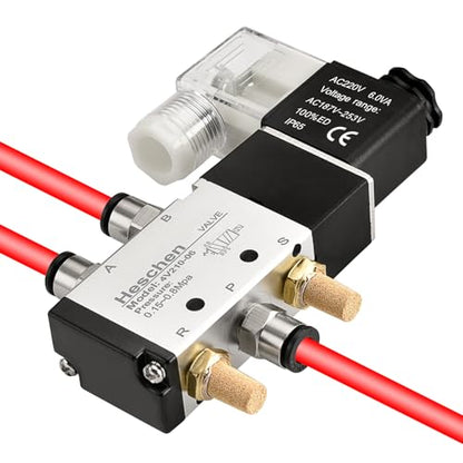 Heschen Electric Pneumatic Air Control Valve, Solenoid Control Valve 4V210-06 220VAC PT1/8 5 Way 2 Position Single Coil Electric Driven CE with Fittings and Muffler