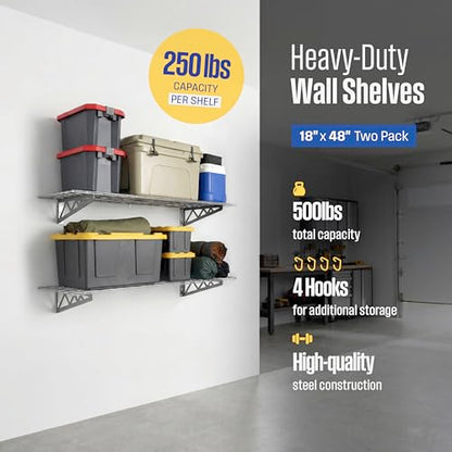 SafeRacks Steel Garage Wall Shelves 2-Pk w/Hooks, 500lb, Hammertone (18x48) - color: Hammertone, size: 18"x48" (2-Pack)