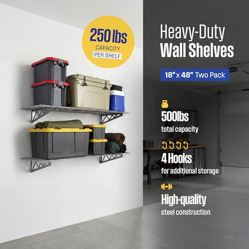 SafeRacks Steel Garage Wall Shelves 2-Pk w/Hooks, 500lb, Hammertone (18x48) - color: Hammertone, size: 18"x48" (2-Pack)