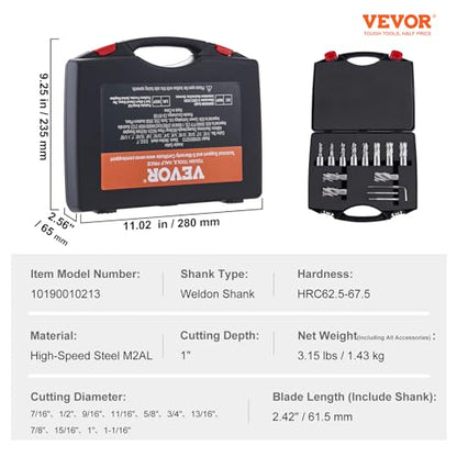 VEVOR Annular Cutter Set, 13 pcs Weldon Shank Mag Drill Bits, 1" Cutting Depth, 7/16" to 1-1/16" Cutting Diameter, M2AL HSS, 2 Pilot Pins, Hex Wrench and Portable Case, for Using with Magnetic Drills - size: 7/16" - 1-1/16" * 1"