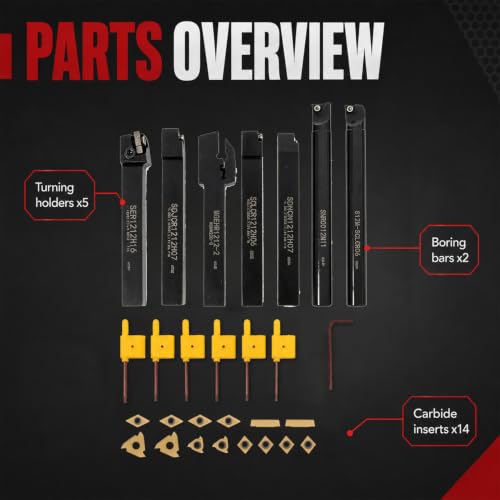 Nakkaa 21Pc Indexable Lathe Turning Tool Kit 1/2" Shank for Turning Boring - size: 7pcs 1/2" 12mm holder+14pcs inserts