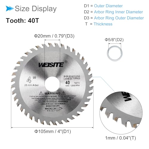 Circular Saw Blade, 4" Outer Dia 40 Teeth 5/8" Arbor, Wood Tungsten Carbide Tipped Slitting Saw (Applications: For Wood Cutting) - size: 105mm x 40T