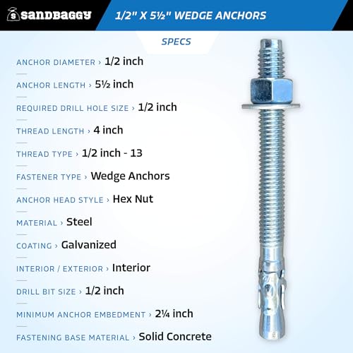 Sandbaggy 1/2" x 5-1/2" Concrete Wedge Anchors Bolts - Hex Head (Galvanized) - Masonry, Concrete (25, 1/2" x 5-1/2") - size: 1/2" x 5-1/2"