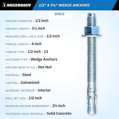 Sandbaggy 1/2" x 5-1/2" Concrete Wedge Anchors Bolts - Hex Head (Galvanized) - Masonry, Concrete (25, 1/2" x 5-1/2") - size: 1/2" x 5-1/2"