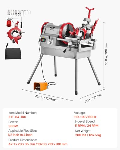 VEVOR Electric Pipe Threader Machine, 900W 2-Speed Threading Cutting Machine, 1/2 to 4 inch Pipes Threading Cutter Tool with Foot Pedal for Plumbing, Automotive Repairs, Metalworking - size: 1/2" - 4"