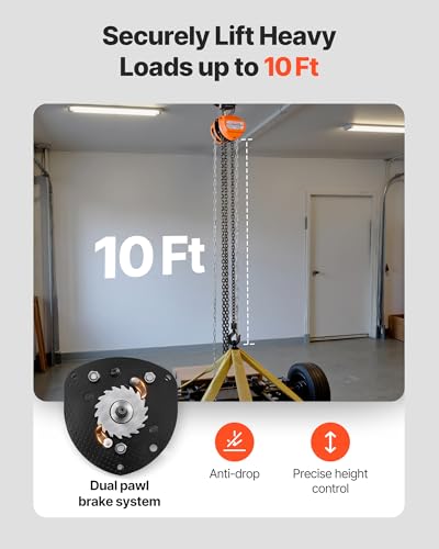 VEVOR Hand Chain Hoist, 1/2 Ton 1100 lbs Capacity, Manual Chain Block with Upgrade G80 Galvanized Chain, 10 ft Lifting Height, Heavy Duty Pulley Hoist for Garage Warehouse Automotive Machinery, Orange - size: 1/2T 10FT