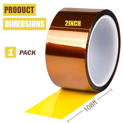 High Temperature Heat Resistant Polyimide Tape 2 inch x 33m (108ft), Heat Vinyl Thermal Sublimation Press Tape No Residue for 3D Printing, Masking, Soldering Circuit Board