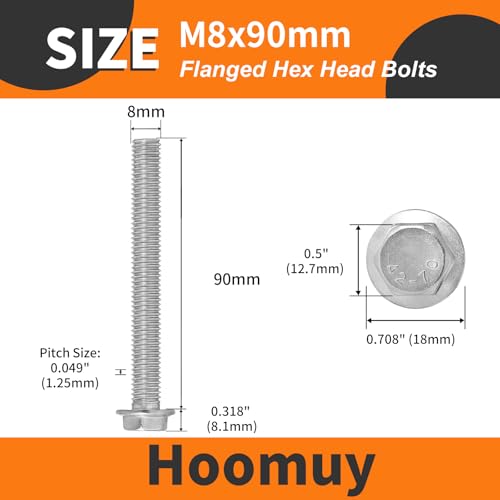 M8 x 90mm 8pcs Heavy Duty Flanged Hex Head Bolts, Flange Hexagon Head Screws, Stainless Steel 304, Metric Fully Threaded, Bright Finish - size: M8 x 90mm(8pcs)