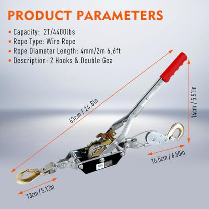 Come Along Winch 4400 lbs/2T Pulling Capacity, 6.6 ft Steel Cable,2 Hooks - size: 4400 lbs