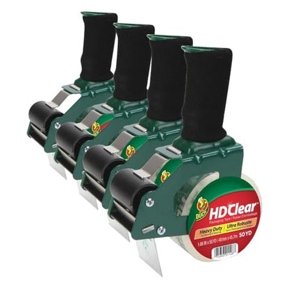 Duck HD Clear Packing Tape Dispenser Heavy Duty Packaging Tape Gun for Packing Boxes, Shipping and Moving - Includes 1 Refill Roll of HD Clear 1.88 in. x 50 Yards - Foam Handle (287398) (Pack of 4) - size: 4-Pack, style: Dispenser + 1 Roll