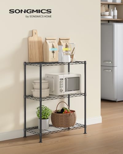 SONGMICS 3-Tier Storage Shelves, Adjustable Wire Shelving Unit, 8 Hooks - color: Ink Black, size: 3 Tiers (11.8"D x 23.6"W)