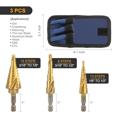 3PCS Step Drill Bit Set, 1/4" Hex Shank High-Speed Steel Spiral Grooved Step Drill Bit, Step Bits for Metal, Wood, Plastic, Aluminium, Unibit Cone Drill Bits with 31 Step Sizes Total - style: 3PCS Step Drill Bits Spiral