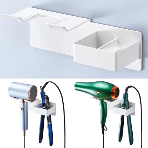 Hair Dryer and Straightener Holder Wall Mounted, Metal Adhesive Hair Tool Organizer for Blow Dryer, Curling Iron, Flat Iron, Bathroom Vanity Salon Barber Shops (White) - color: White
