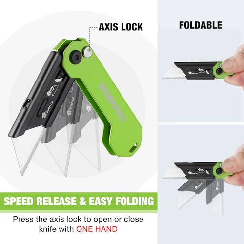 WORKPRO 2PCS EDC Folding Utility Knife, Mini Box Cutter with Quick Open Axis Lock, Quick Change Blade Razor Knife, Foldable Small Pocket Knife with Belt Clip, 2 Packs with 10 Extra Blades - color: Green